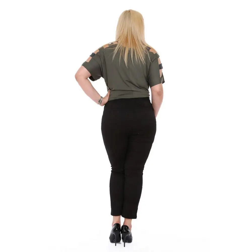 Fierte Women Plus Size Pants Rg1390Yp Canvas High Waist Tight Trotting Zipper Closure Button Elastic Spring Summer Slim Black
