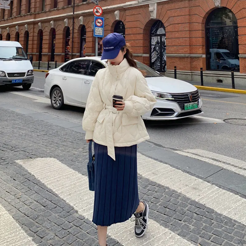 Autumn Winter New Stand Collar Solid Casual Velvet Overcoat Women's Fashion Short Lightweight Waist Tie Warm Down Jackets Coats