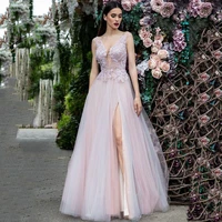 deep v neck sleeveless applique prom dress a line tulle front slit party gown simple elegant backless evening dresses women