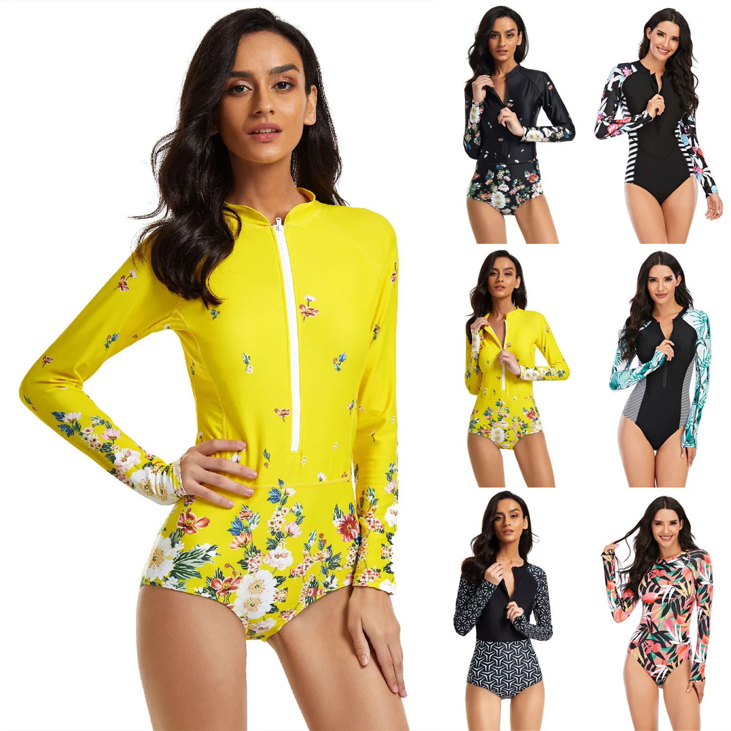 

New Surfing Swimsuit Women Long Sleeve One Piece Bodysuit Print Rash Guard Sexy Bikini Brasileño Summer Push Up Swimwear