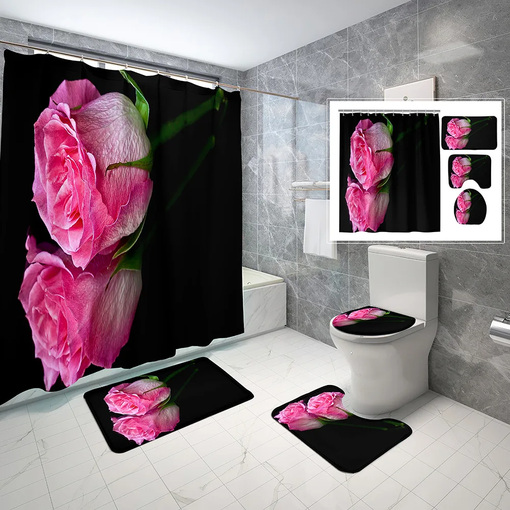 

Romantic Pink Roses Shower Curtains Set Bathroom Decor Rug Toilet Lid Bath Mat Waterproof Cloth Flowers Plant Print Bath Curtain