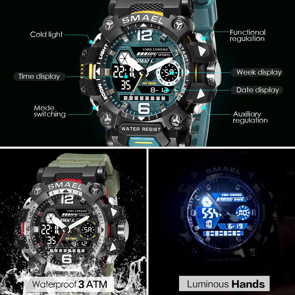 Мужские электронные спортивные цифровые часы SMAEL зеленые водонепроницаемые
