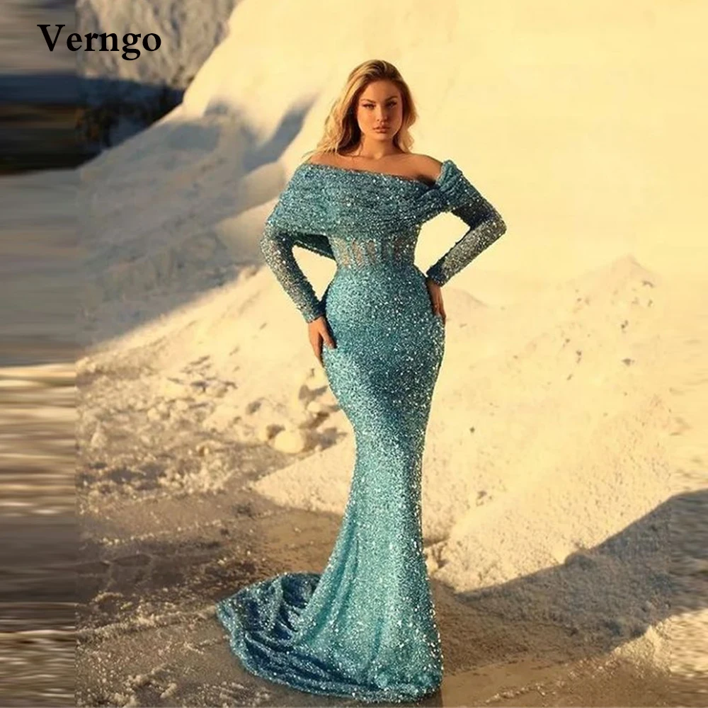 

Verngo Glitter Mermaid Long Sleeves Prom Dresses Off the Shoulder Bones Sweep Train Luxury Dubai Women Prom Gowns Robe de soiree