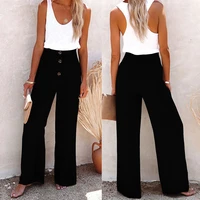 women wide leg pants office lady cotton linen trousers elastic high waist button pants solid casual summer clothes