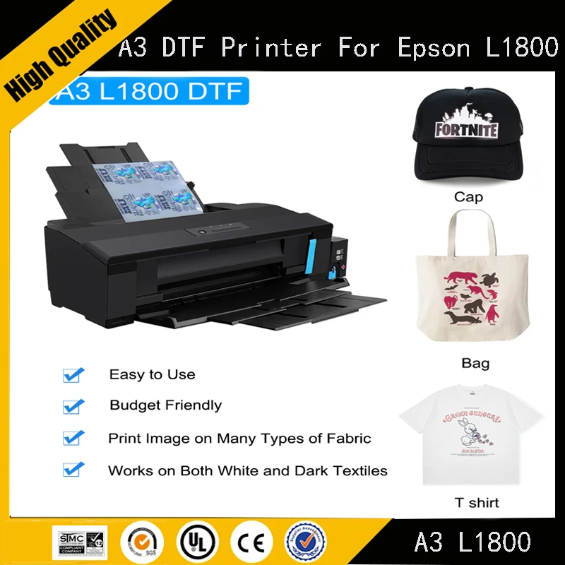 A3 DTF Printer For Epson L1800 White Ink DTF Printer Heat Transfer PET Film For T-shirt Bags Shoes Hoodies Polyester Jeans