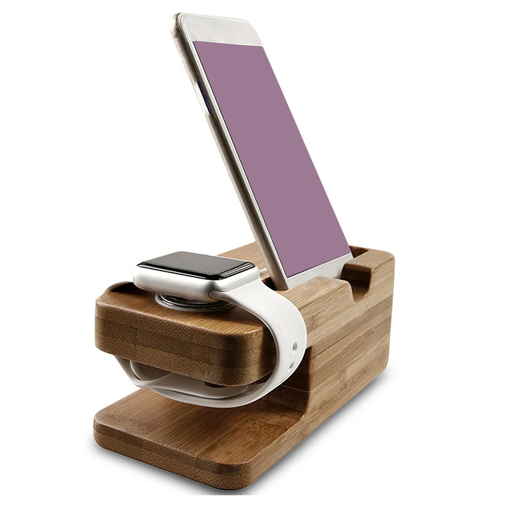 

2 in 1 Phone Stand Charging Bracket Holder Bamboo Wood Charger Dock for iWatch for iPhone