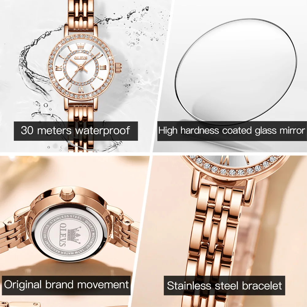 OLEVS Luxury Women's Wristwatch Stainless Steel Diamond-set Dial Elegant Ladies Quartz Watch Rose Gold Women Watch enlarge