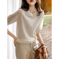 spring and summer new thin bottoming streetwear womens clothing perspective ice silk knitted blouse top white shirt blusas e02
