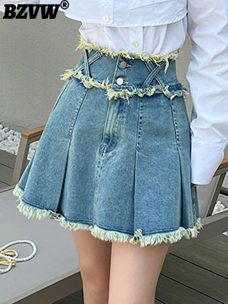 

BZVW A-line Pleated Designer Burrs Denim Skirts For Women High Waist Casual Patchwork Skirt Female 2023 Summer New Tide 25X01608