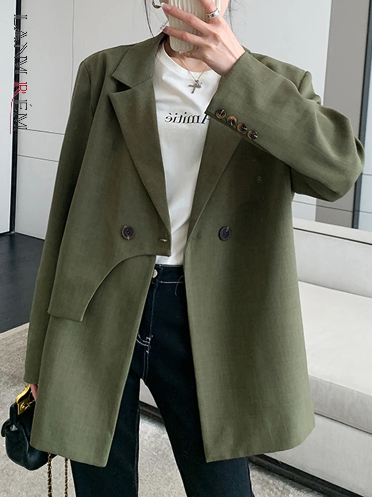 

[LANMREM] Fashion Designer Spliced Blazer For Women Notched Double Breasted Long Sleeve Elegant Female Jackets 2023 Autumn New 2