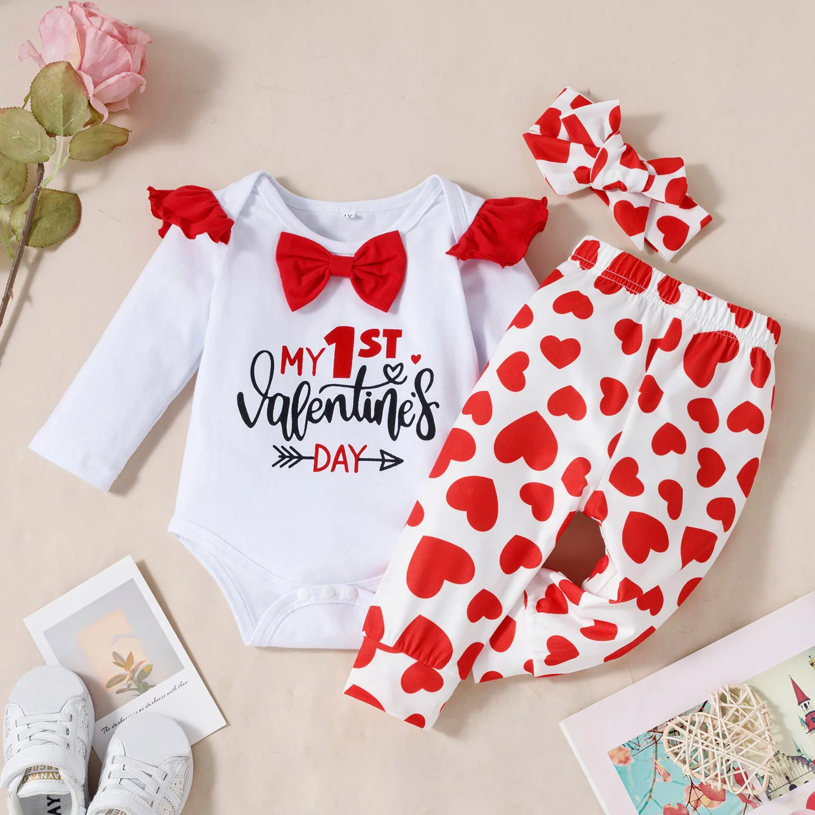 

Cute School Outfits Infant Baby Boys Girls Romper Pant Set Valentine's Day Letter Romper Bodysuit Heart Printed Long Shirt Girl