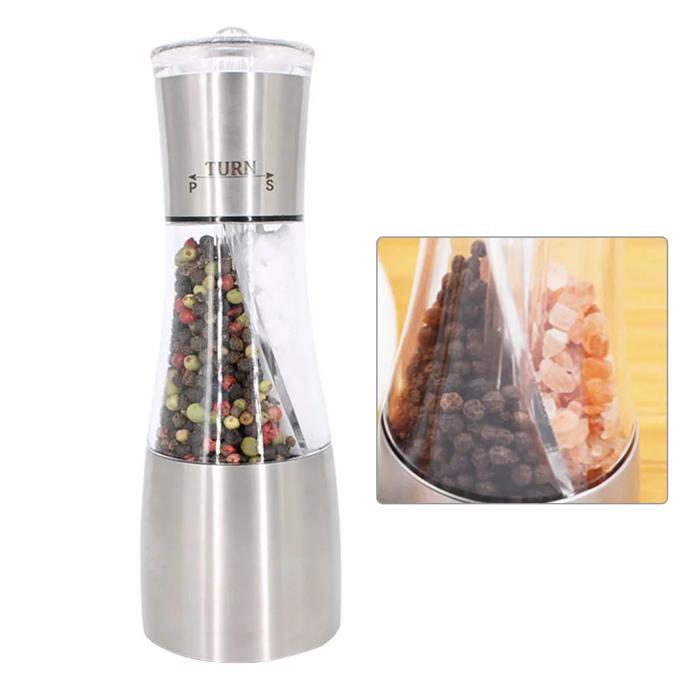 

2-in-1 Pepper Grinder Seasoning Bottle Transparent Design Stainless Steel Pepper Rough Salt Grinding Storage Bottle New