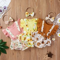 toddler newborn suspender bodysuits solid shirt headbands 3 pieces suit bow flowers kids infant summer baby girl set clothes