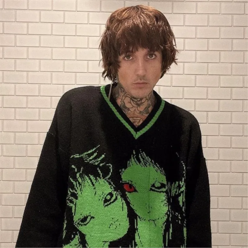 

Gothic Kawaii cartoon jacquard knitted V-neck black green patchwork pullover Men Vintage Gothic Y2K Halloween unisex sweater Top