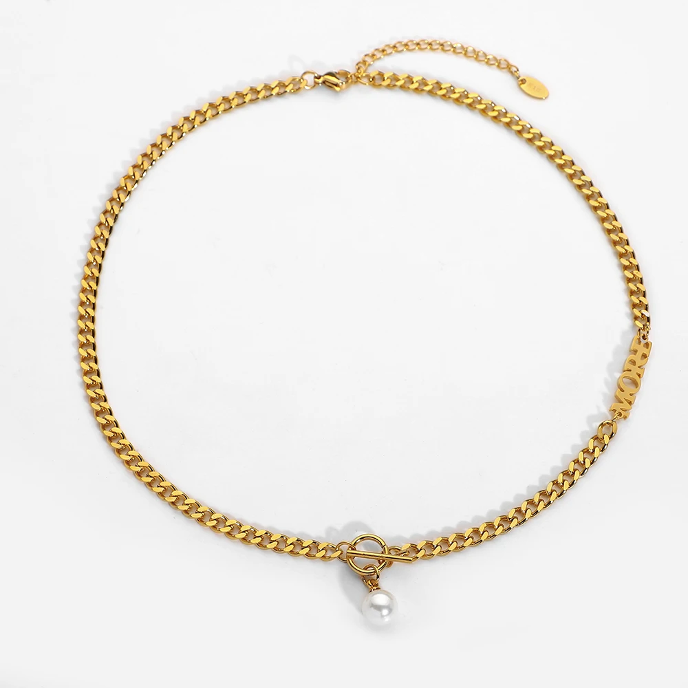 

2022 Stainless Steel Gold Plated Cuban Chian Letter Charm Pearl Pendant Choker Necklace For Women Waterproof Jewelry