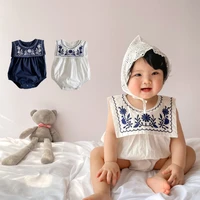 ins 2022 baby summer clothes in baby girl romper cool pure navy collar embroidered sleeveless jumpsuit romper