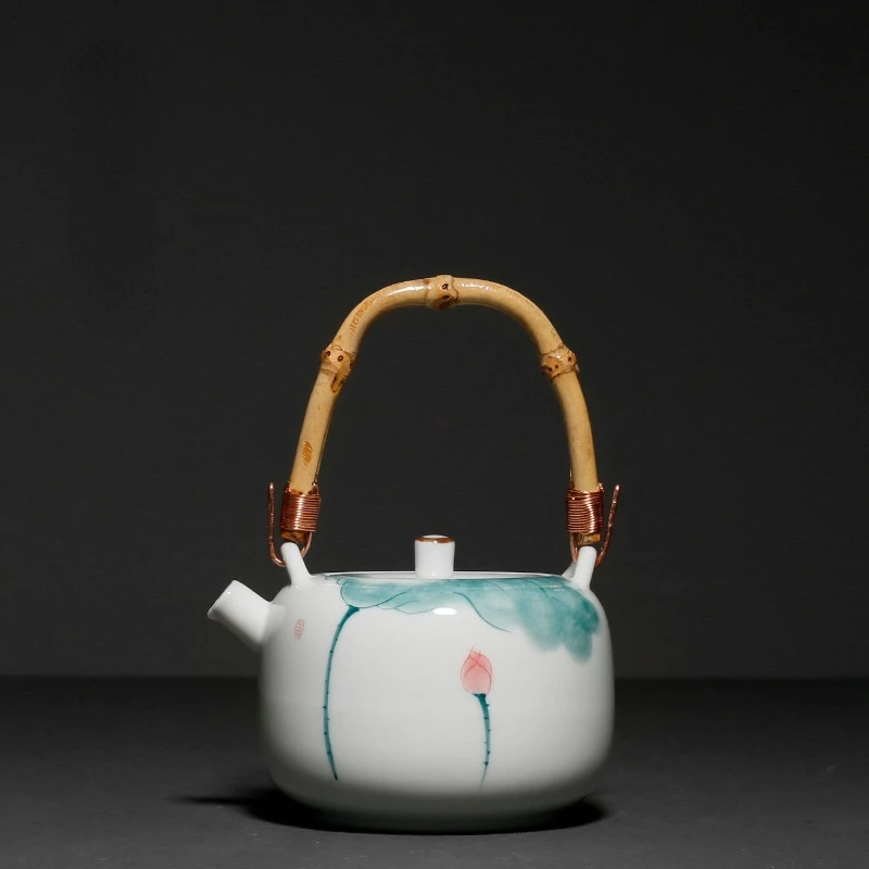 

Hand-painted ceramic lifting beam pot underglaze color lotus Chinese filter pot bamboo beam teapot kung fu tea set