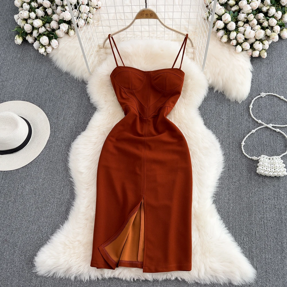 

Summer Temperament Spaghetti Strap Short Dress Fashion Solid Color Elegant Show Back Slim Slit Dress