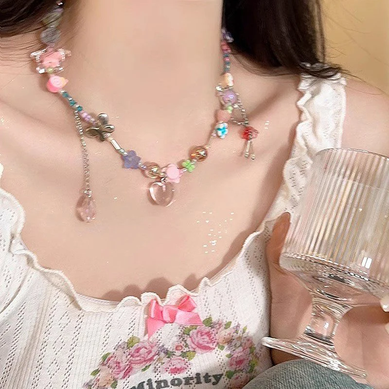 Y2K кулон в форме сердца и бабочки колье ожерелье красочная цепочка на ключицу из