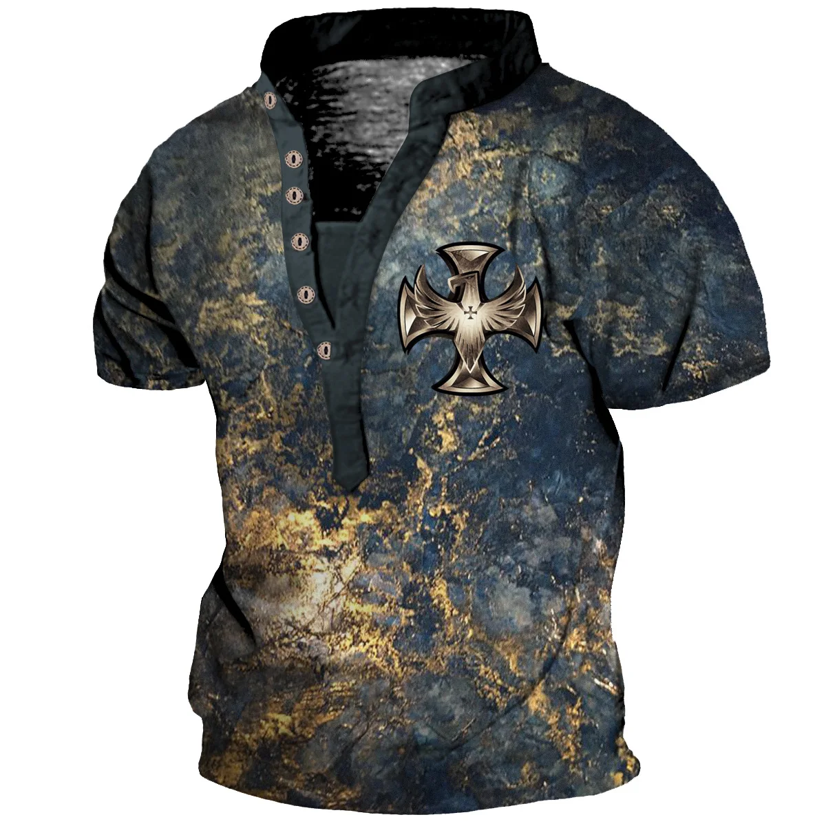 2023 Summer Trend T Shirts For Men y2k 3d Print Retro Eagle Cross Tops buckle V-neck Street Punk Short Sleeves Sports Tee