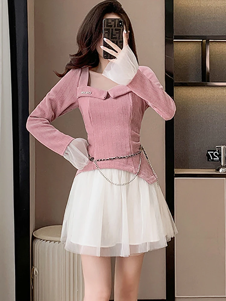 Женское розовое лоскутное белое сетчатое плиссированное платье из синели