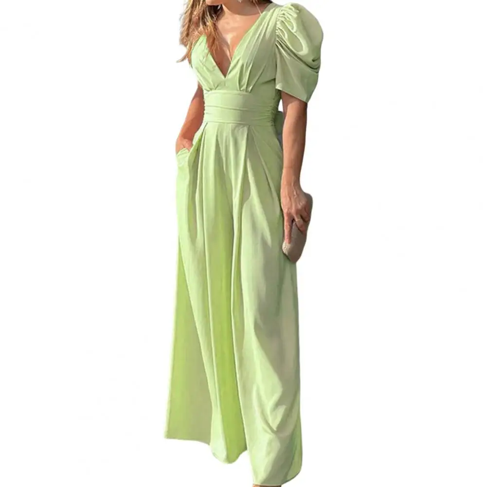 

Party Jumpsuit Fashion Floor Length Pleated Short Sleeves Tight Waist Banquet Romper Clothing Lady Romper Prom Jumpsuit