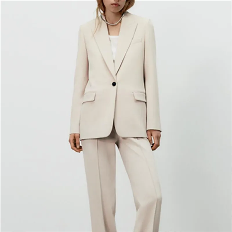 

PB&ZASpring New Women's Off-White Commuter Versatile Lapel Long Sleeve Pocket One Button Straight Blazer