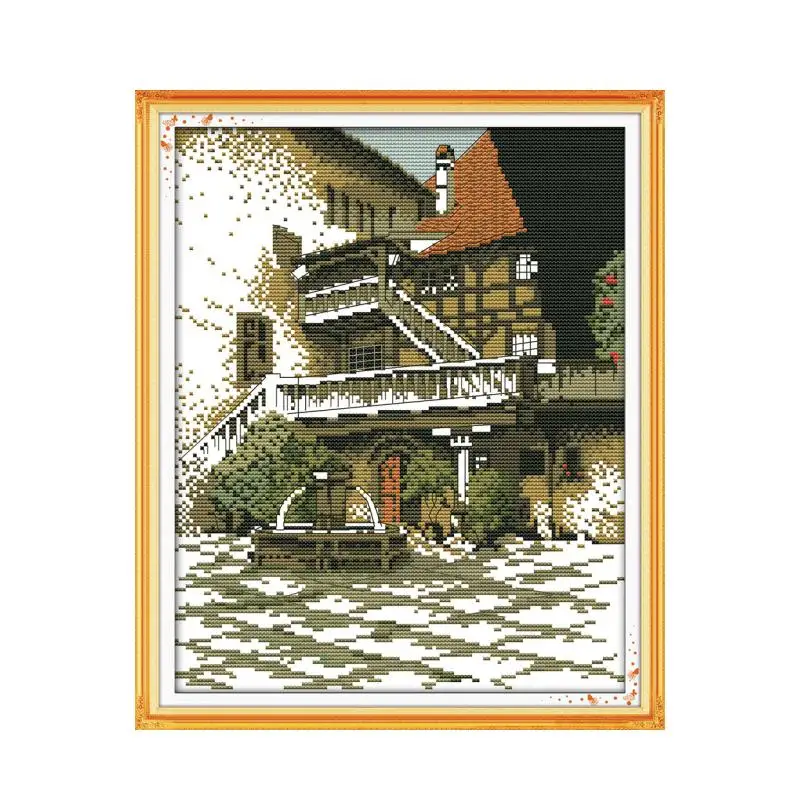 

Old building cross stitch set landscape garden pattern canvas DMC color 18ct 14ct 11ct embroidery kit DIY handmade needlework