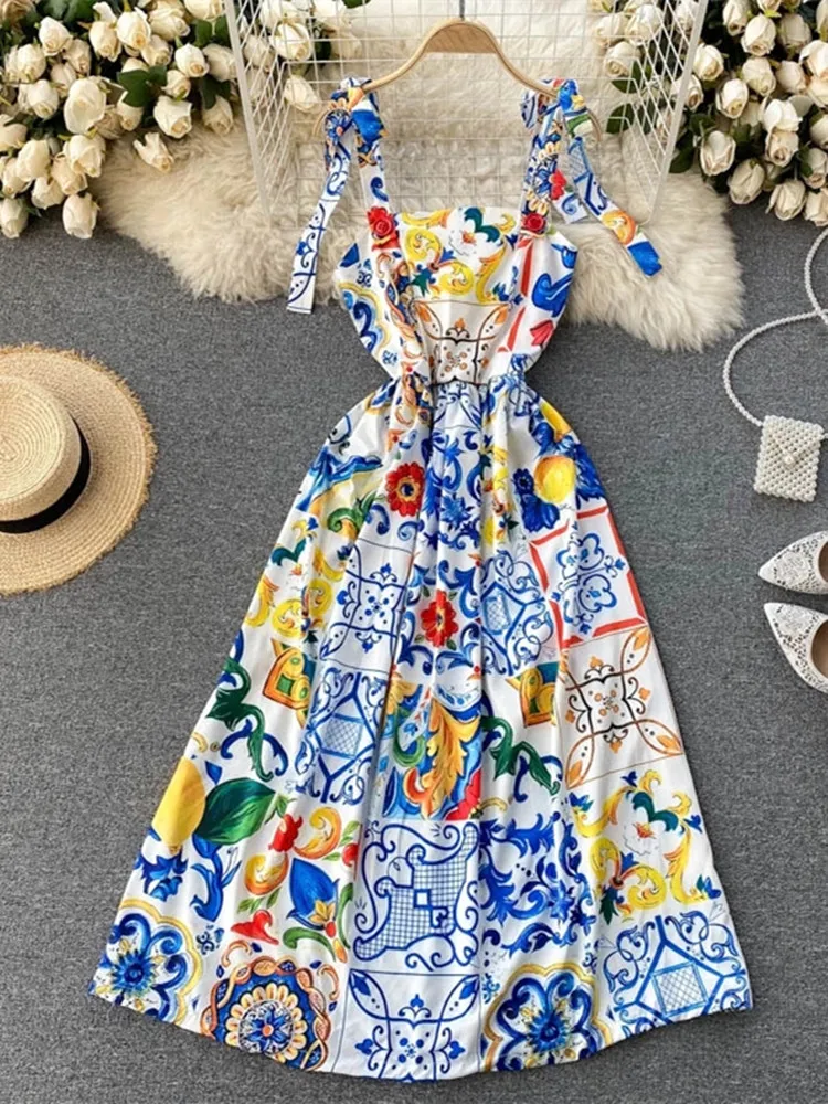 

Fashion Runway Summer Dress 2021 New Women's Bow Spaghetti Strap Backless Blue and White Porcelain Floral Print Long Dress