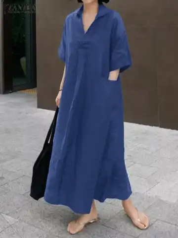 Платье ZANZEA женское с рукавом до локтя, модный свободный элегантный Однотонный сарафан, праздничный длинный халат с карманами, на лето