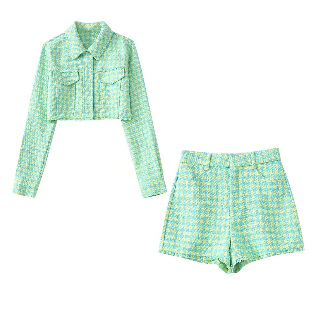 

JUNWU Summer Women's Green Plaid Print Lapel Single Breasted Long Sleeve Top Shorts Suit Sweet Girly Style