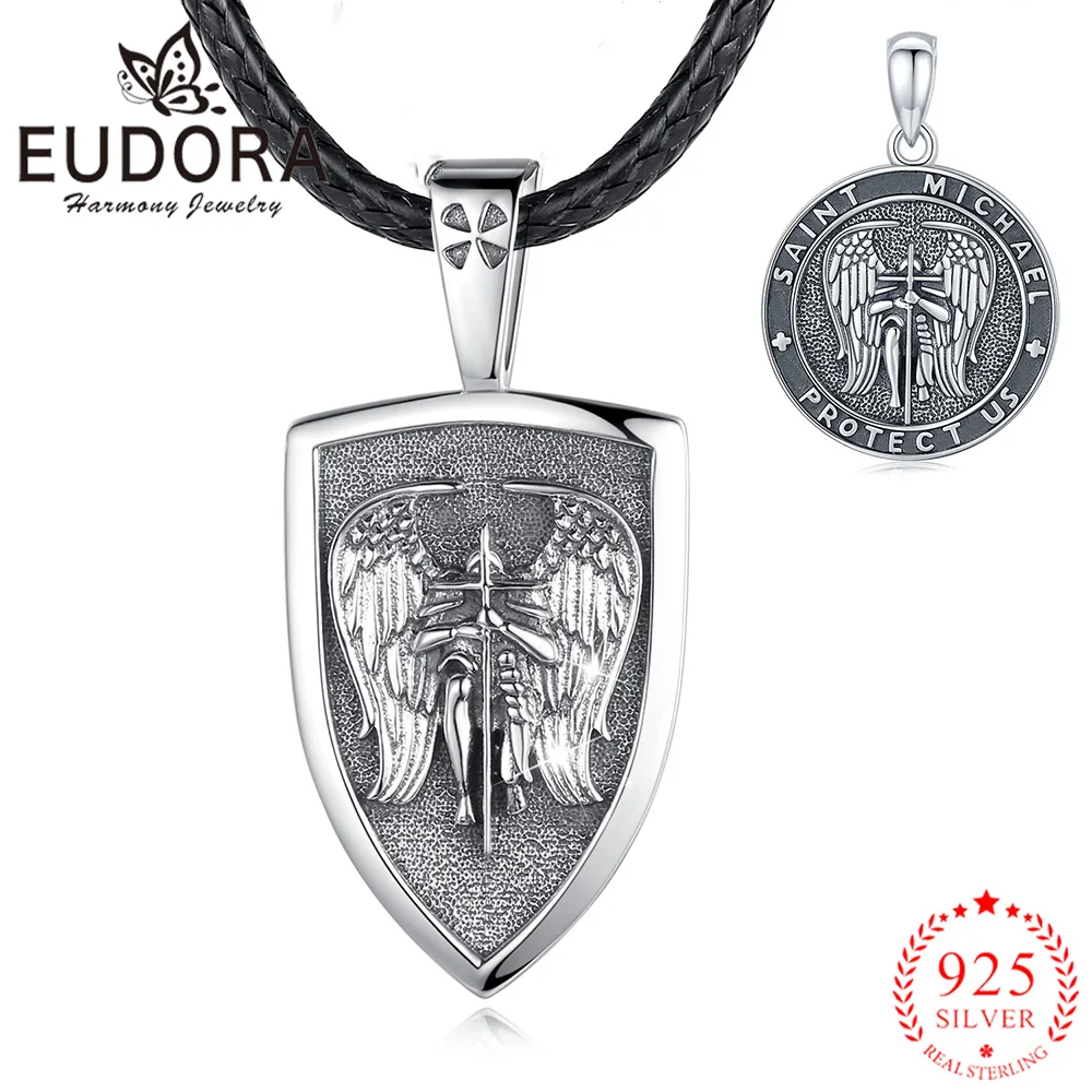 

Eudora 925 Sterling Silver Michael Patronus Angel Shield Necklace Wings Medallion Pendant for Men Women Vintage Jewelry Gift
