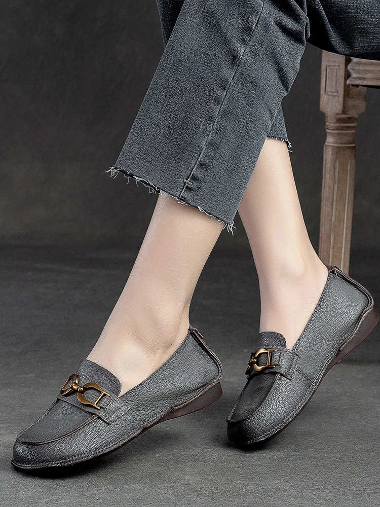Beffery Women's Flats Cow Leather Loafers Handmade Moccasin With Round Toe And Soft Sole Flats Shoes Women