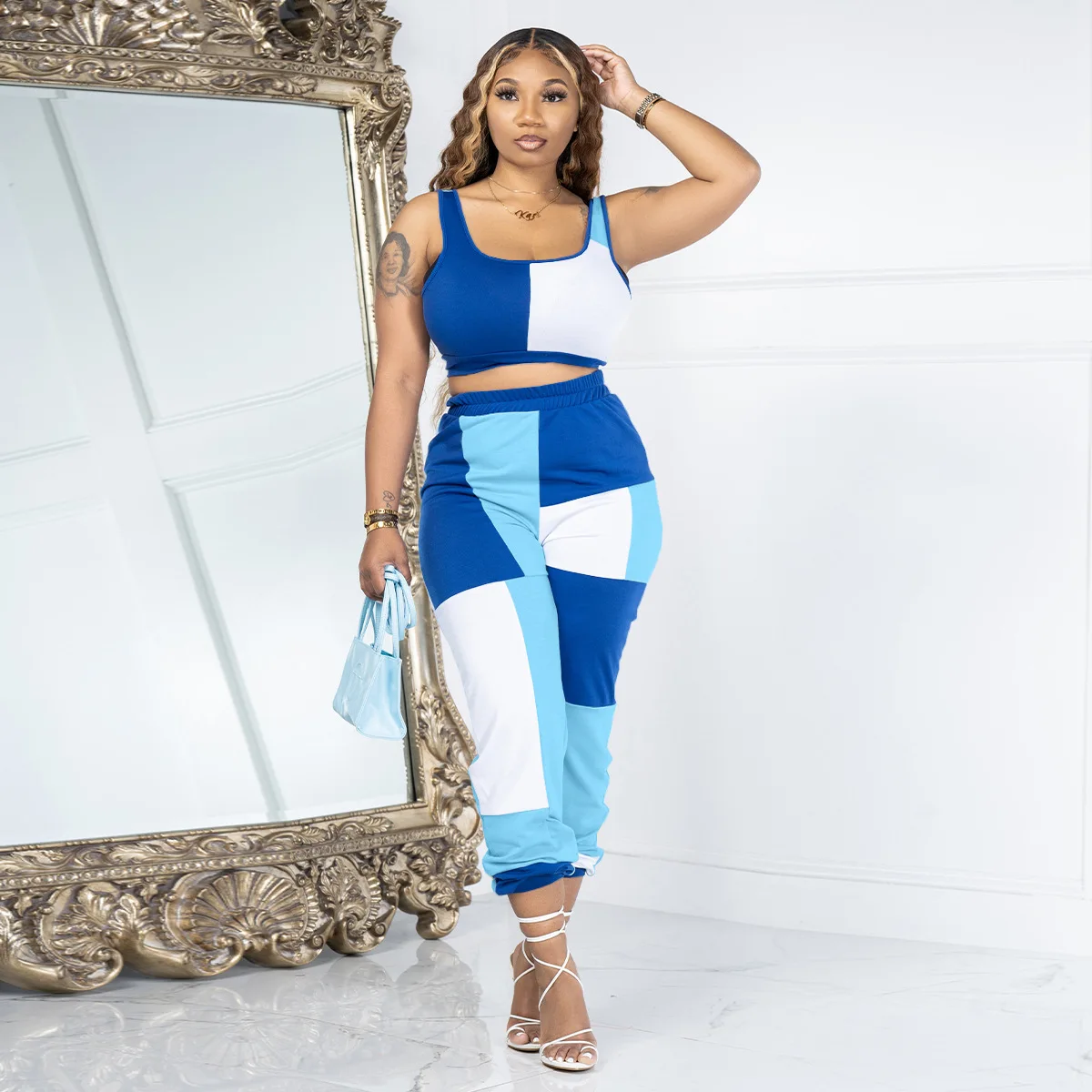 

2023 Summer Casual Sport Fitness Patchwork Women Tank Top and Trousers Two Piece Suit Tracksuit Sets