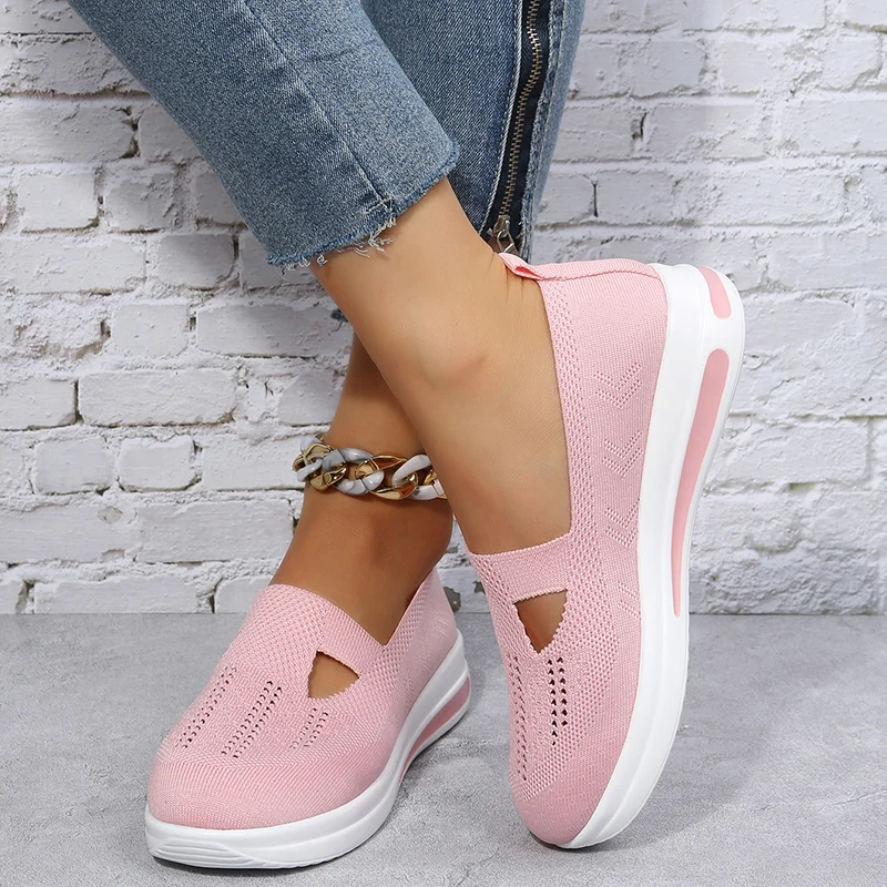 

2022 Summer Women's Thick-soled Heightened Sports Casual Shoes Mesh Breathable Fly-woven Air Cushion Fashion Walking Shoes