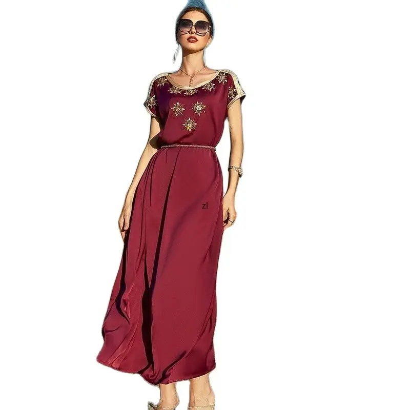 

Moroccan Kaftan Vintage Dress Handsewn Diamonds Jellaba Short Sleeve Long Dresses Muslim Dubai Saudi Abaya Jalabiya Evening Robe