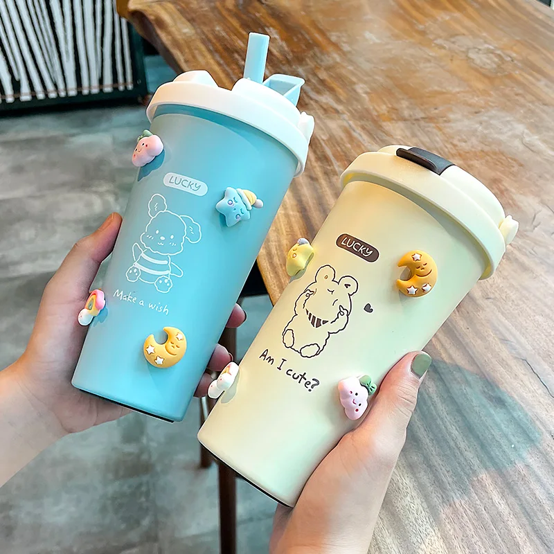 

Fashion Straw Coffee Cup Leak-proof With Lid High Temperature Sippy Plastic Bottle Cute Portable Outdoor Drinkware Juice Mug