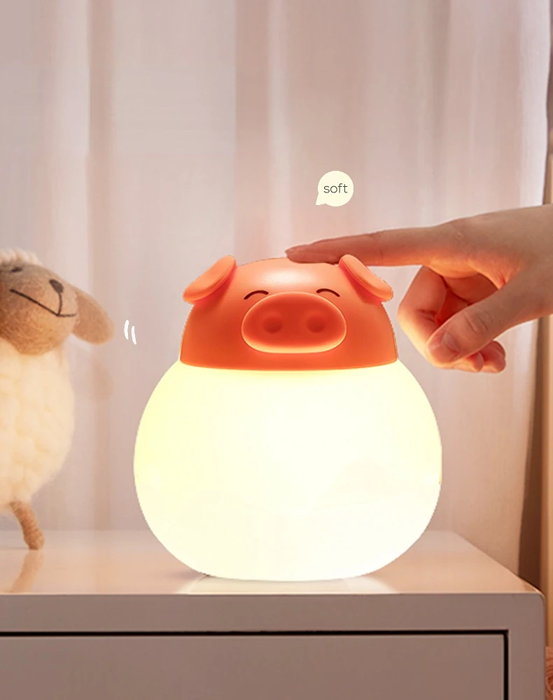 Piggy Silicone Animal Night Light Bedroom Child Nursing Night Light USB Rechargeable Bedside Sleeping Night Lamp