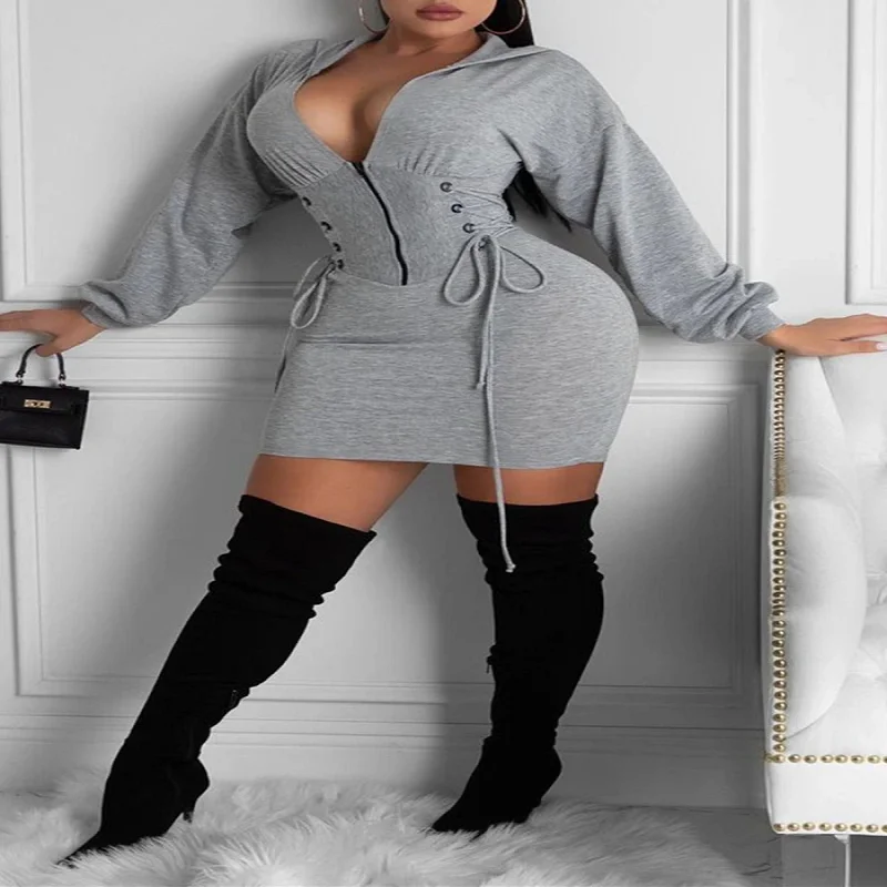 Fall New Plus Size Solid Color Sweater Women's  5XL  Drawstring Casual Hooded Sexy V-Neck Plus Size Dress Wholesale Dropshipping