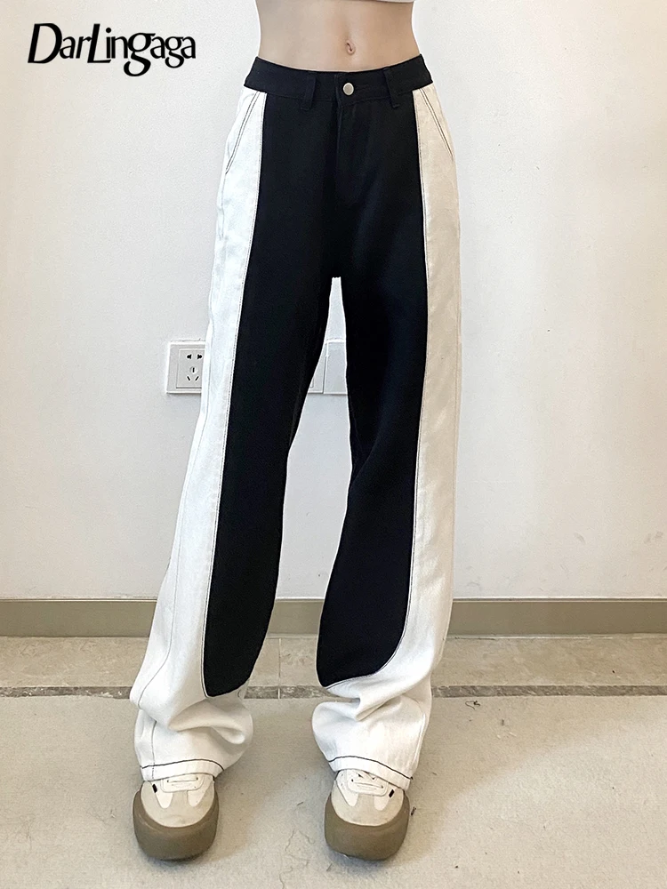

Darlingaga Streetwear Black White Patchwork High Waist Women's Jeans Casual Straight Denim Pants Contrast Harajuku Capris Bottom