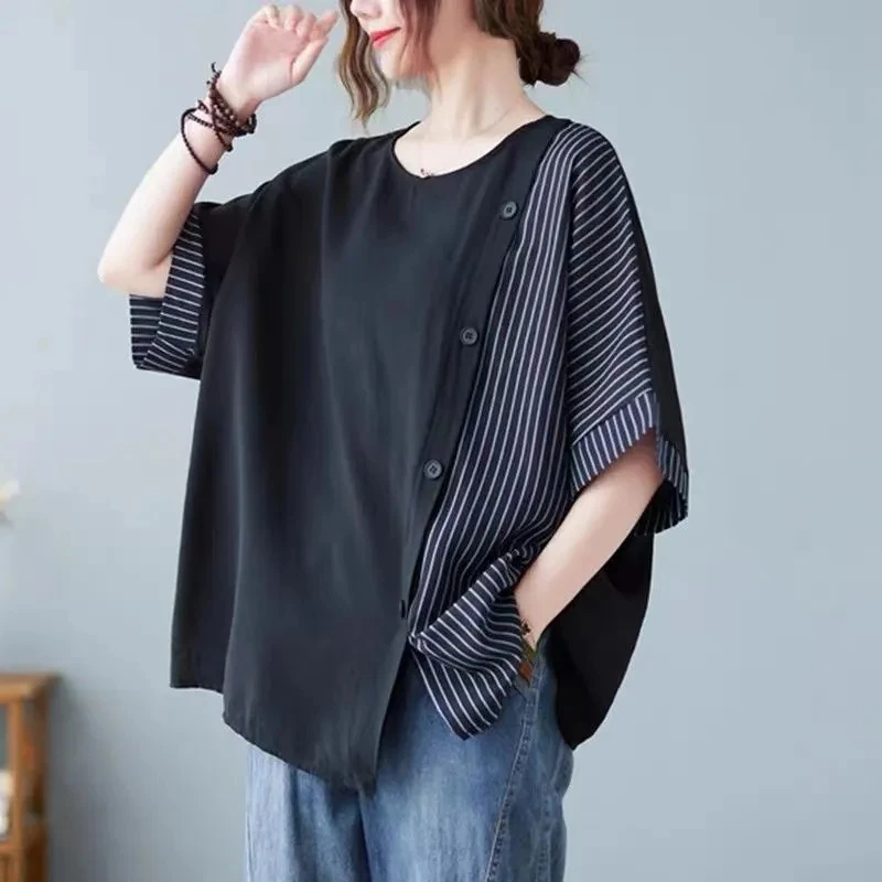 

2023 Summer New Korean Stripe Spliced Short Sleeve T-shirt Women's Oversized Loose O Neck Casual Tops Female Simple Clothing