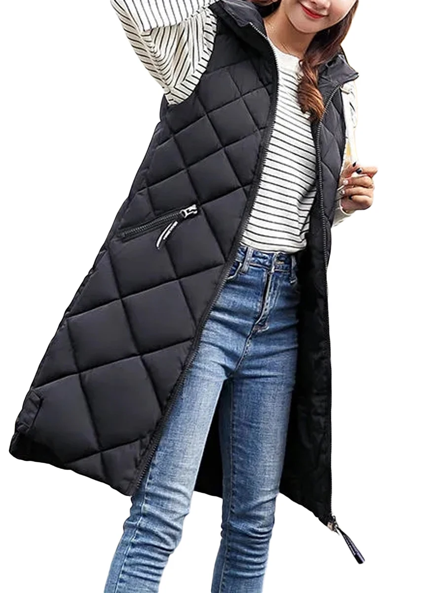 

Women\u2019s Long Puffer Vest Winter Warm Sleeveless Coat Quilted Vest Outwear with Hood