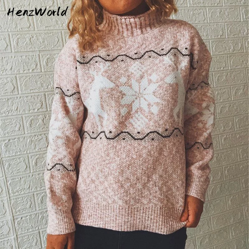 

HenzWorld 2022 Women Clothing Autumn And Winter New Christmas Sweater Snowflake Deer High Neck Long Sleeve Knitted Pullover Tops