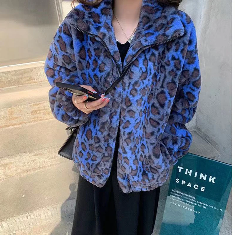 Winter Fashion Women oversized Colorful Leopard Print Faux Fur Coat Women Long Sleeve Zip Up Warm Soft Fluffy Korean Jacket