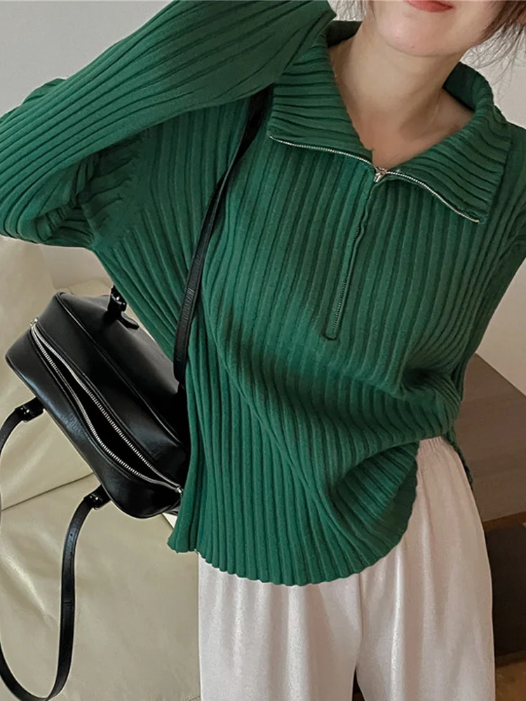 

Pleated Zipper Women Sweater Jumper Polo Collar Casual Knitted Fall Female Pullovers 2023 Winter Solid All-match Sweaters Tops