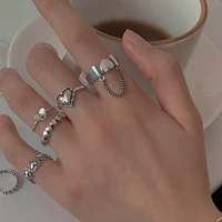 korean punk love heart ring set for women personality temperament silver color geometric chain rings for women fashion jewelry