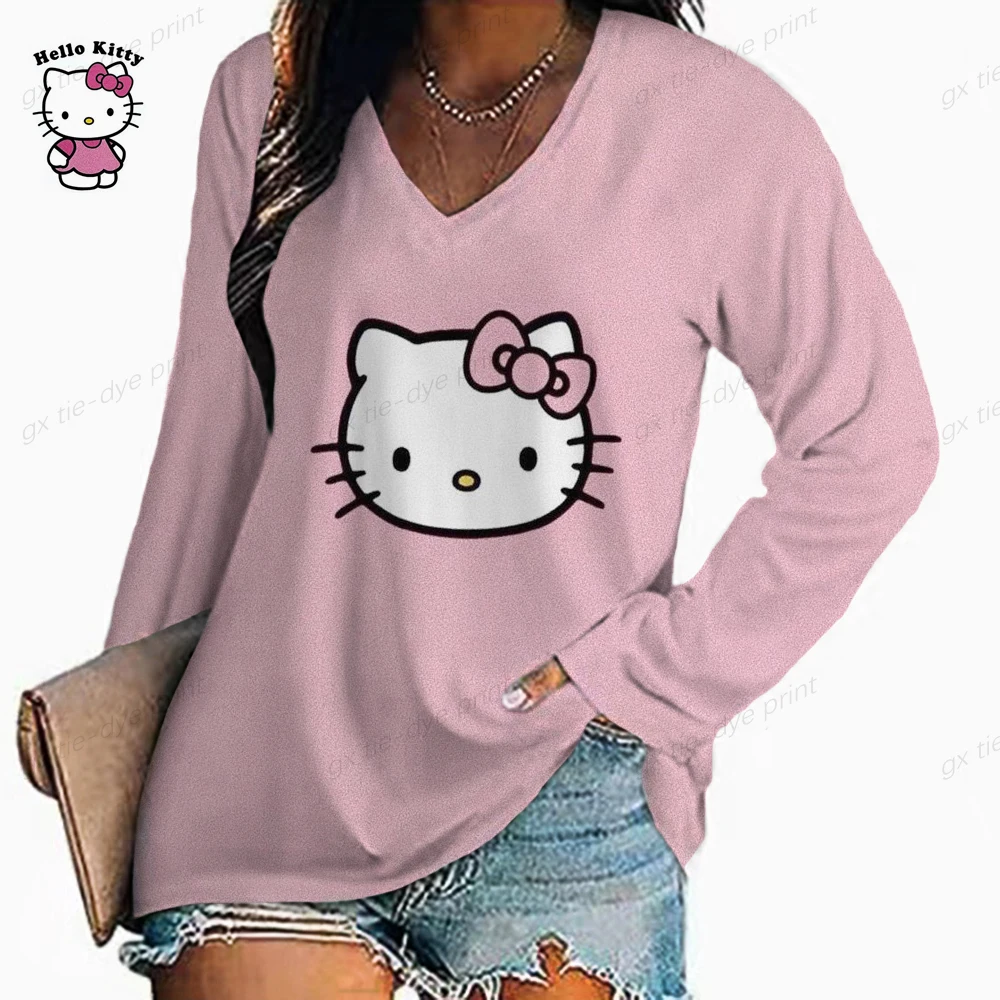 

Футболка женская с длинным рукавом и V-образным вырезом, с принтом HELLO KITTY
