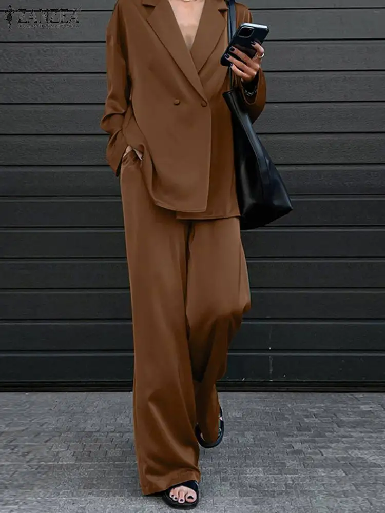 

ZANZEA Women Long Sleeve Blazer Coat Sets 2023 Long Sleeve Shirts Wide Leg Pants Satin Loungewear Sets Office Lady Pants Sets