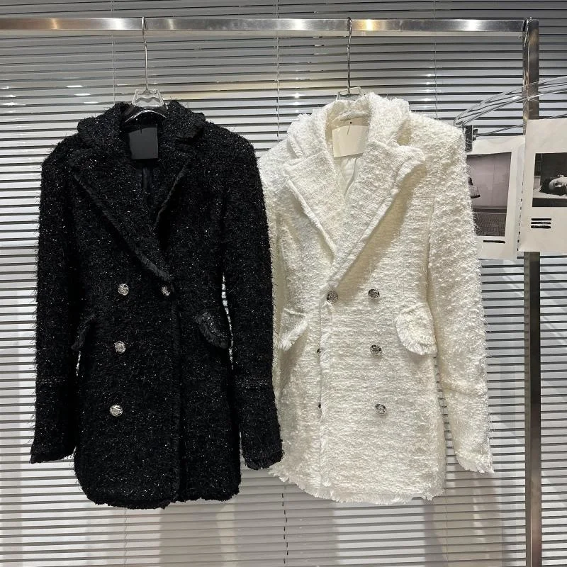 

2022 Winter New Arrival Long Sleeve Padded Shoulder Double Breasted Buttons Tweed Trench Coat Women Cotton Jacket