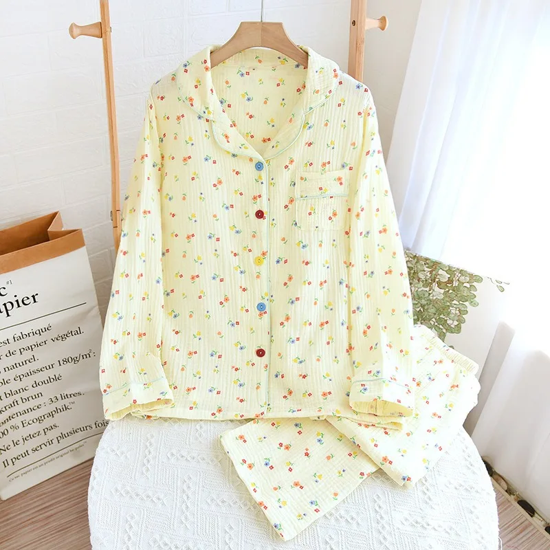 

Women's Pajamas New Autumn Spring Long Sleeve Soft Sleepwear Set Yellow Flowers Pyjama Woman Home Nightwear Set Cardigan